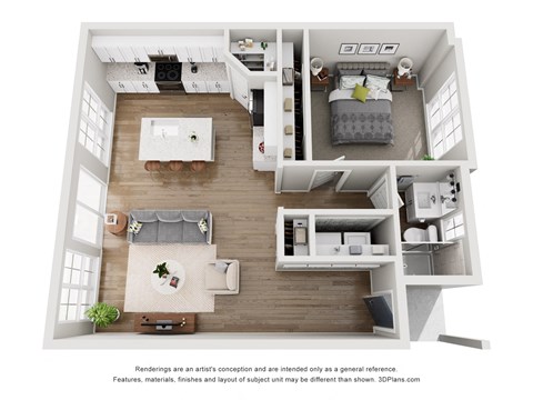 a stylized floor plan of a 1 bedroom apartment